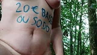 this humiliated milf slave flashes tits bent over doggystyle in forest