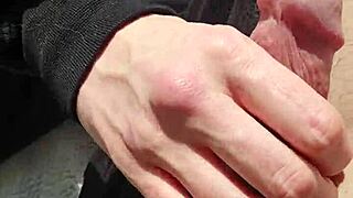 couple sneaks outdoors for sneaky fingering and reach around on her wet shaved pussy