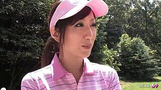 skinny japanese teen petite small tits drops to knees for uncensored public golf lesson blowjob facial cumshot on small waist