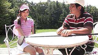 skinny japanese teen petite small tits drops to knees for uncensored public golf lesson blowjob facial cumshot on small waist