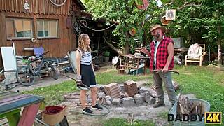 czech blonde slut cheats with stepdaddy on ranch for outdoor shaved pussy hammering