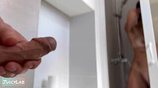 caught jerking off to showering milf's huge juicy meaty pussy lips then licking her dripping wet cunt close up before fucking hard