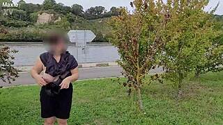 curvy milf wife flashes huge saggy tits on busy street
