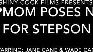 Stepmom Jane Cane poses nude for stepson while he films her shiny cock ride