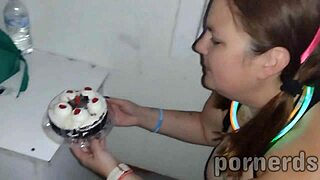Scarlett slurps 11 cum loads off her birthday cake at arcade