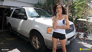 petite ginger bytes bends over garage for hardcore pov titty fuck ride