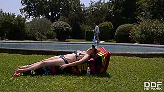 busty redhead lola fauve takes pool boy's huge cock deep and gulps it down
