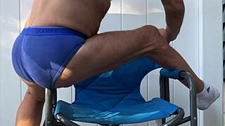 Skinny Legs Flash Panties in Socks During Deep Pelvic Workout Stretch