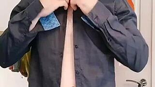 english bull strips shirt jeans revealing muscular body close up