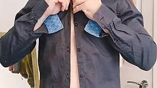english bull strips shirt jeans revealing muscular body close up