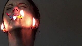 emily's bound prisoner burns in cellblock tits bondage