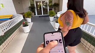 controlled her toy at building entrance after bar fun 🍆🔥 bbw outdoor