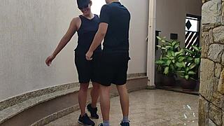 Muscular girl loses soccer bet, pays with juicy ass to mechanic friend outdoors?