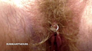 Bunnieandthedude's hairy wet pussy gets roughly fucked to mutual creampie orgasm close-up