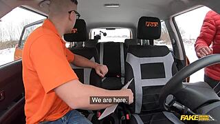 hey two czech babes with big tits suck and fuck in fake driving threesome