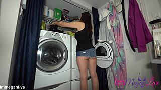hey watch me bend over in these super short shorts pulling laundry from the dryer with my big tits bouncing
