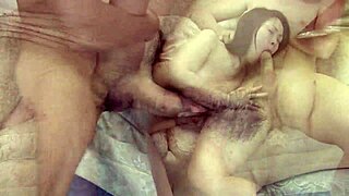 cute asian's hairy pussy stuffed in every hole during mmf threesome