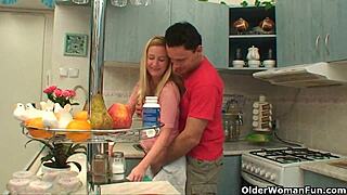 mom slips into something sexy in kitchen for sweet dessert