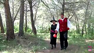 wanna see two guys fuck blonde chick outdoors at costume party?