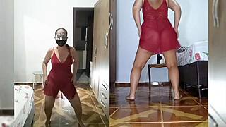 bbw milf strips red lingerie panties sweater in full tease video