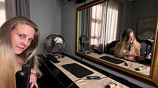 sexy tattooed blonde babe does hair makeup totally naked at home