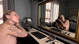 sexy tattooed blonde babe does hair makeup totally naked at home
