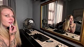 sexy tattooed blonde babe does hair makeup totally naked at home