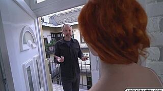 grandpa pounds his young redhead daughter-in-law's big tits hard