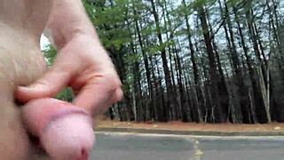 A wild clitlicker flashes her hairy pussy in the forest for voyeur eyes.