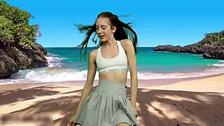 Skinny teen in miniskirt dances on beach no panties WAITING for wind to blow upskirt
