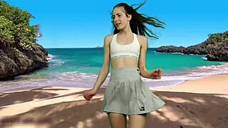 Skinny teen in miniskirt dances on beach no panties WAITING for wind to blow upskirt