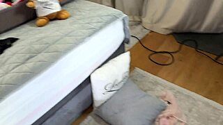 Nerdy college cutie in stockings edges huge cock with panties tease.