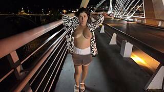 god i'm luscious milf walkin bridge no bra no panties tits bouncin huge nipples hard!!