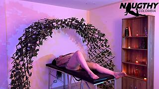 horny chubby colombian milf rubs her huge natural tits big pussy thinking of masseuse's touch