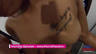 Thai girlfriend bends over in shower for my cock, we fuck doggystyle then she blows me clean