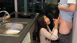 tiny 18yo asian teen gets her tight pussy wrecked by huge white cock while cooking