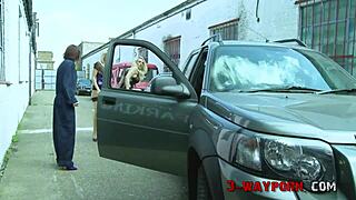 blonde voyeur spies on brunette and guy in hot garage threeway fuck
