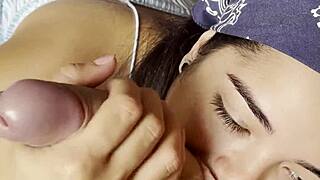 Sleepy brunette teen slowly sucks huge cock and swallows cum