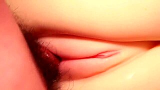 Double penetrate her shaved pink fuck doll pussy close up