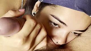 Sleepy brunette teen slowly sucks huge cock and swallows cum