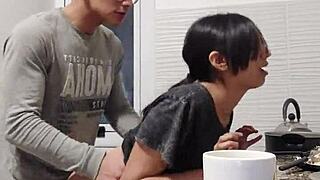 hot latina milf stops cooking to bend over kitchen counter for rough doggystyle creampie from muscular friend