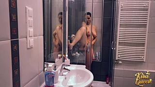 Sneaky Peek at Kira Queen's Big Clit Masturbation in Steamy Shower