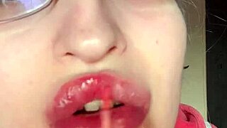 asmr bimbo tall girl eats banana with pink lipstick long nails glasses food lip fetish close