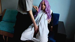 cute purple haired girl goes wild over my throbbing penis
