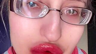asmr bimbo tall girl eats banana with pink lipstick long nails glasses food lip fetish close