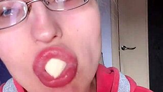 asmr bimbo tall girl eats banana with pink lipstick long nails glasses food lip fetish close
