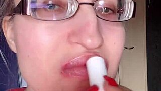 asmr bimbo tall girl eats banana with pink lipstick long nails glasses food lip fetish close