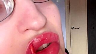 asmr bimbo tall girl eats banana with pink lipstick long nails glasses food lip fetish close