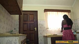 horny african teen with big tits cooks up kitchen sex with friend's huge white cock