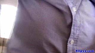 classy british teen sucks old man's cock up close in stockings